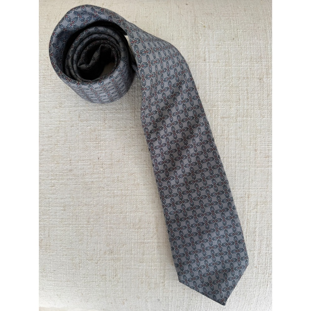 Hardy Amies London 100% Silk Tie Gray Pink Chainlink Geometric Classic Mens Tie